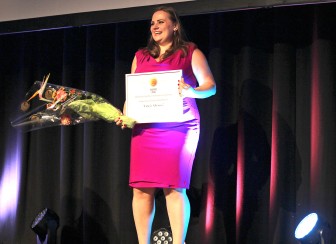 Miranda Patrucic receiving the Global Shining Light Award at the Global Investigative Journalism Conference in Lillehammer. Photo: Kristine M. Gutterød. 